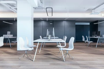 Fotobehang Lengtemeter Contemporary coworking office interior with panoramic windows, wooden flooring and city view, furniture, equipment and decorative items. 3D Rendering.