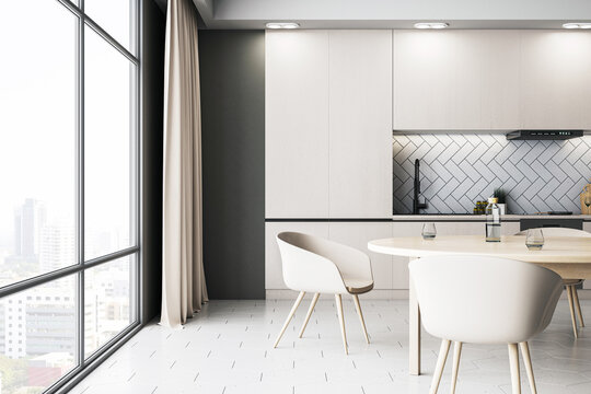 Sleek kitchen corner with panoramic window and textured white wall, urban living. 3D Rendering