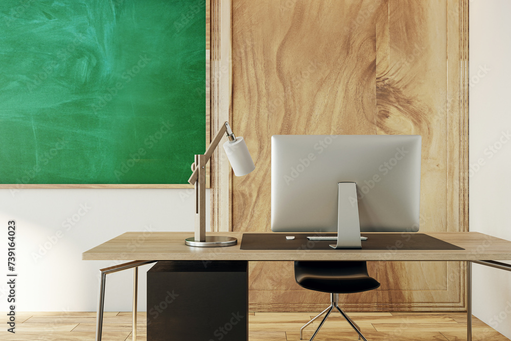 Poster close up view of a teacher's desk with a green chalkboard in a modern classroom setting. 3d renderin