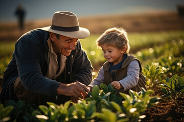 Grandfather and grandson in soybeans field