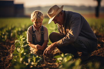 Grandfather and grandson in soybeans field