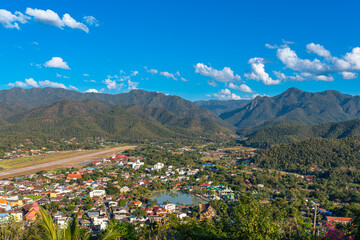 Panoramic view from the Shan Hills to the airport and the town of Mae Hong Son in northern Thailand. The town is located in the Western Thanon Thong Chai Range near the border with Myanmar.