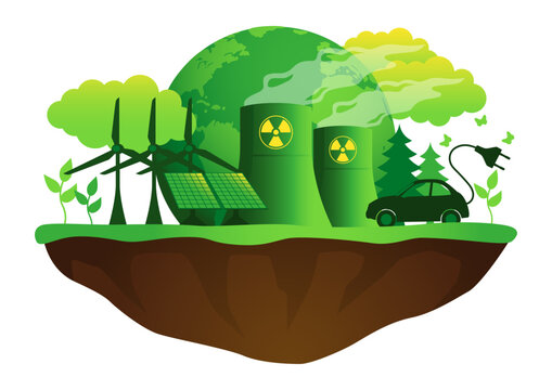Eco friendly green energy icon. This graphic combines symbols of wind power, nuclear energy, and solar panels, representing a harmonious synergy towards sustainable solutions