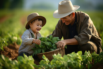 Grandfather and grandson in soybeans field