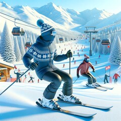 3D Skiing in a Winter Holiday - obrazy, fototapety, plakaty