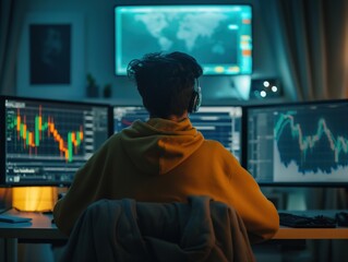 Obraz premium A person trading cryptocurrency on a computer, with multiple screens displaying market data and trading platform