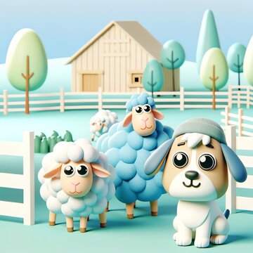3D Sheep and Dog in a Farm