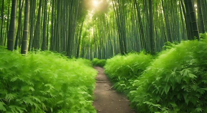 Path in Forest Surrounded by Lush Bamboo Trees