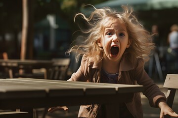 A little girl screams in Picnic areas in public spaces . Concept Childhood tantrums, Outdoor activities, Parenting challenges - obrazy, fototapety, plakaty