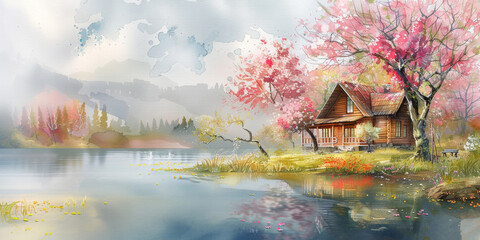 Cozy house with spring pink flowers and pond. Watercolor illustration.
