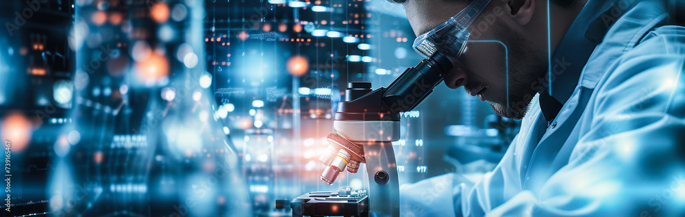 Poster innovative medical research with a scientist using a microscope and digital data visualization for a