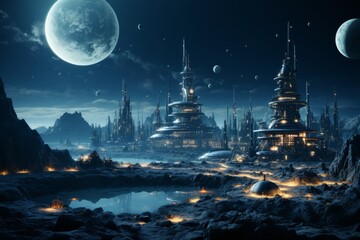 Futuristic city on a world with a full moon reflecting in the midnight sky