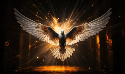 A radiant dove with outstretched wings illuminated by divine light in a dark corridor, symbolizing hope, peace, the Holy Spirit, and spiritual awakening