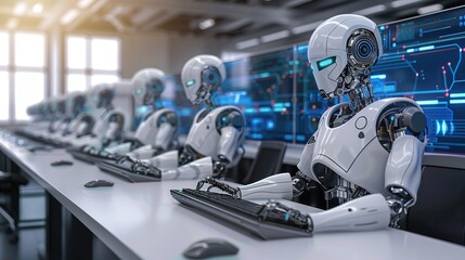 Fototapeta premium Humans and robots (AI) work together on computers in a futuristic business office. The future trend of robot cooperation