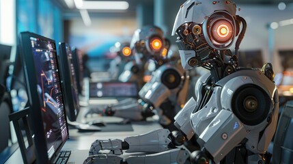 Fototapeta premium Humans and robots (AI) work together on computers in a futuristic business office. The future trend of robot cooperation