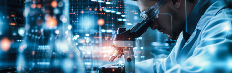 Innovative medical research with a scientist using a microscope and digital data visualization for advanced healthcare and biotechnology analysis