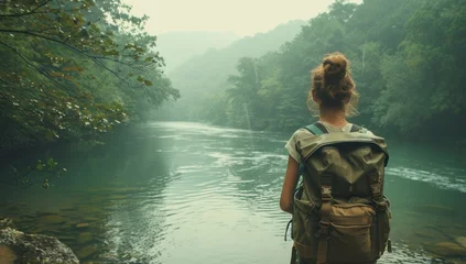 Papier Peint photo Lavable Kaki Adventurous female traveler with backpack standing on cliff overlooking river captivating landscape that blends beauty of nature with spirit perfect for showcasing outdoor travel and hiking