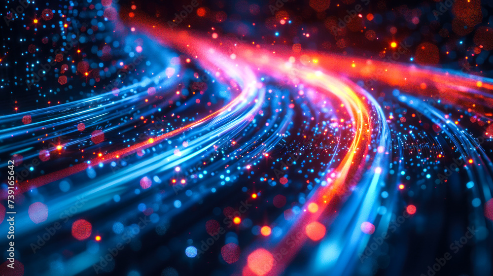 Poster abstract high-speed technology concept with flowing digital data and light trails on dark background