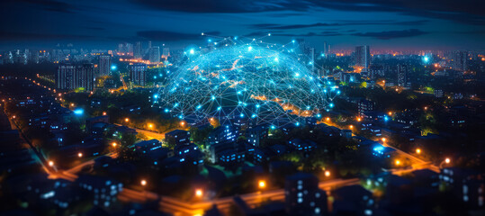 Smart City Concept with Digital Network Over Residential Area, Futuristic Urban Landscape with Connected Homes and Advanced Technology Infrastructure