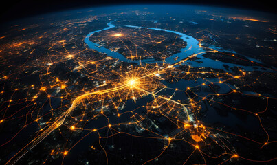 Aerial view of a city at night showcasing the intricate network of illuminated streets and highways, embodying the pulsating life of urban infrastructure