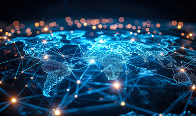 Global Network Connections with Glowing Nodes and Lines on World Map, Illustrating International Communication and Data Exchange Concept - obrazy, fototapety, plakaty