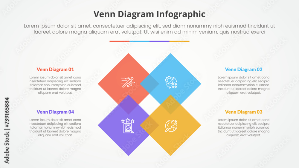 Poster venn diagram infographic concept for slide presentation with diamond rotated square on center with 4