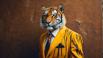 animal friendly tiger concept Anthropomorphic wearing suit formal business suit portrait shot on plain on bright color wall