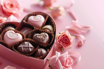 luxury valentine chocolates in a heart shaped gift box on a pink background