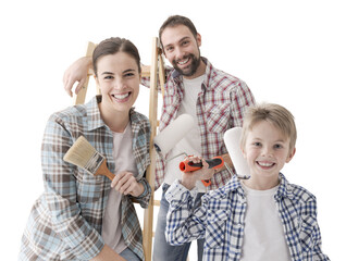 Happy family renovating their home