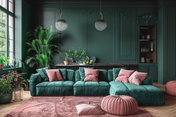 interior design, art deco, big living room with kitchen, dark green and pastel pink colors.