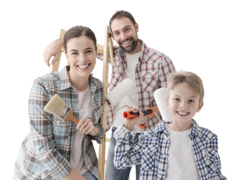 Happy family renovating their home