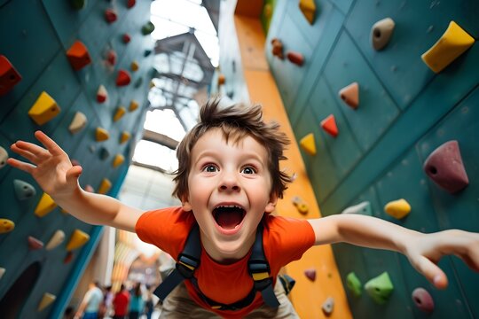 A little boy enjoys climbing in indoor gyms with kids' areas. Concept Indoor Climbing, Kid's Gyms, Physical Activity, Playful Moments, Childhood Fun
