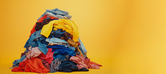 A pile of old used clothing and textiles. Fast fashion and clothing recycling