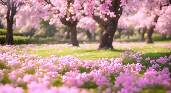 Ornamental garden with majestically pink blossoming large cherry trees on a fresh green lawn