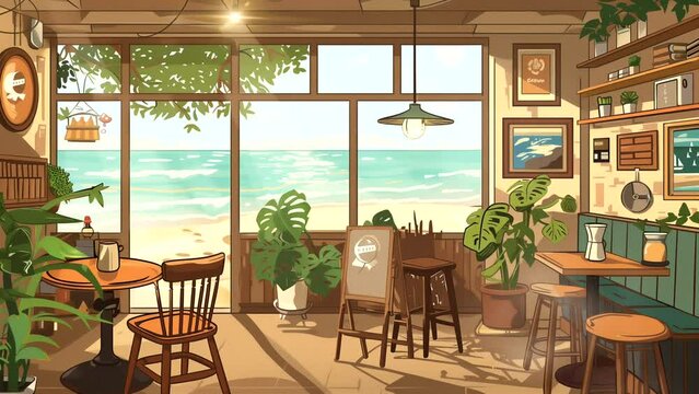 Cozy cafe interior with beach view. seamless looping 4k time-lapse animation video background