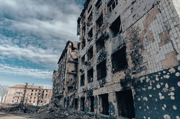 destroyed and burned houses in the city Russia Ukraine war