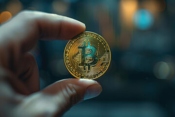 Close up of a hand holding a Bitcoin coin, blue halo around the coin. AI Generated