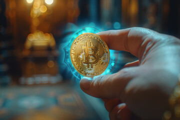 Close up of a hand holding a Bitcoin coin, blue halo around the coin. AI Generated