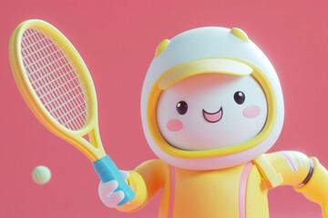A cute friendly 3d tennis player character. 3D Rendering style illustration - obrazy, fototapety, plakaty