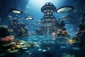 Foto op Canvas a 3d rendering of a coral reef with a tower in the middle of it © Yuchen
