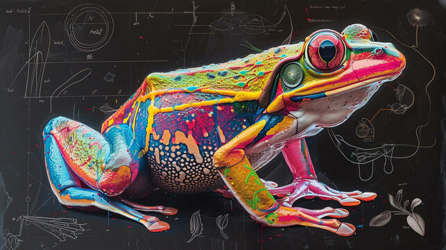 Anatomy poster of a frog vibrant chalk on black detailed in the educational styles of Sougy and Haeckel with alien flora accents