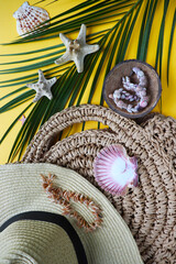 summer holiday concept. straw hat, palm branch and seashells. white blank