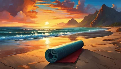 Crédence de cuisine en verre imprimé Marron profond yoga mat on epic beach, island landscape