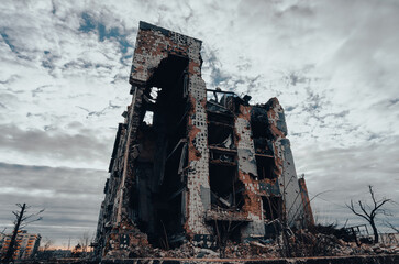 destroyed and burned houses in the city Russia Ukraine war