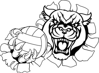 A panther jaguar leopard volleyball animal sports mascot holding a volley ball in his claw