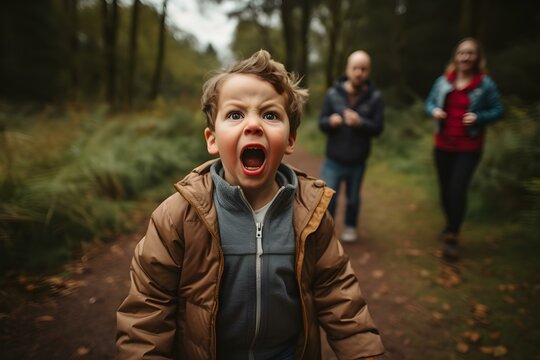 A child cries out in protected natural areas with designated paths. Concept Child Safety, Nature Reserves, Crying Child, Parental Supervision, Designated Paths