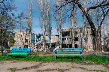 destroyed and burned school in the city Russia Ukraine war