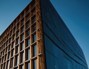 A low-angle perspective of futuristic buildings office skyscraper featuring curved glass window