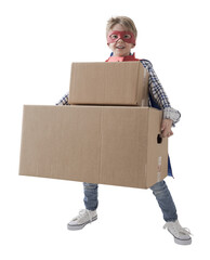 Strong superhero boy carrying boxes