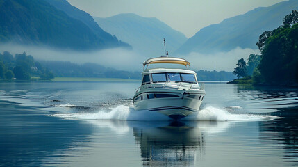 Majestic cabin cruiser on a serene exclusive lake showcasing the pinnacle of luxury and tranquility